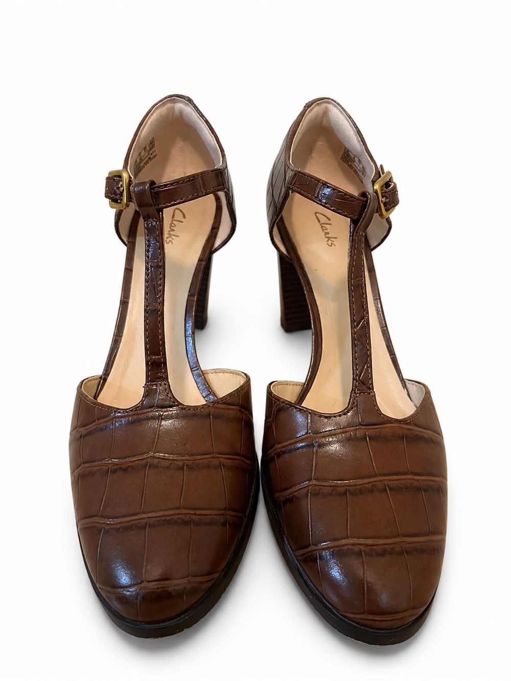 Clarks Brown T-Strap Block Heels with Croc Texture - Picture 2 of 13